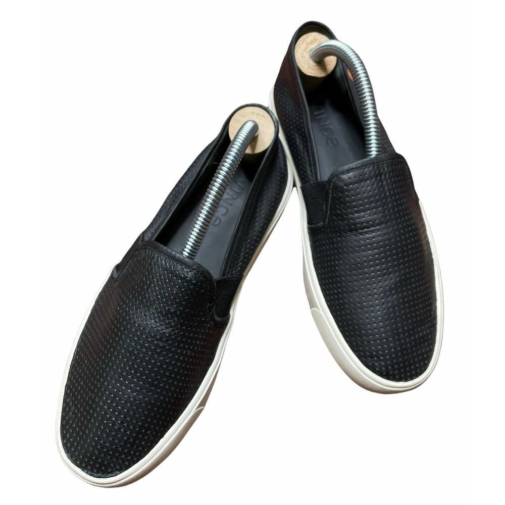 Vince Black Perforated Leather Slip-On Sneakers with White Sole